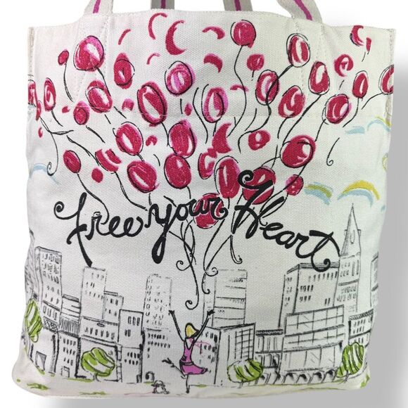 Brighton Free Your Heart B Mine White Cotton Canvas Tote Bag Balloons Red Love - Picture 3 of 12